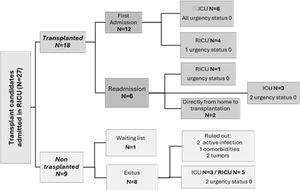 Flowchart of candidate patients for lung transplantation admitted to the RICU. RICU: respiratory intermediate care unit; ICU: intensive care unit.