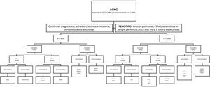 Algoritmo terapéutico en AGNC en niños y adolescentes (adaptado de Bacharier419). Las distintas posibilidades de tratamiento con mAbs están ordenadas por orden alfabético, al no existir estudios comparativos entre ellos. La elección entre uno u otro dependerá en la medida de los posible de las comorbilidades asociadas. AGNC: asma grave no controlada; DUPI: dupilumab; Eos, eosinófilos; FENO: fracción exhalada de NO; GCI: glucocorticoides inhalados; Ig: inmunoglobulina; LABA: broncodilatador de acción prolongada; LAMA: antagonistas anticolinérgicos de acción prolongada; MEPO: mepolizumab; OMA: omalizumab; RSCcPN: rinosinusitis con poliposis; TEZE: tezepelumab. * Si Eos en sangre periférica>1.500/μL descartar otras causas de eosinofilia, y en caso negativo valorar con precaución el uso de DUPI, ya que puede inducir una elevación transitoria de los Eos en sangre tras el inicio del tratamiento. ** Elegir en función de las comorbilidades asociadas: OMA si urticaria crónica idiopática, MEPO si rinosinusitis crónica con poliposis nasal o síndromes hipereosinofílicos, DUPI si dermatitis atópica, esofagitis eosinofílica o RSCcPN.