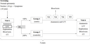 Study design. Prospective observational case–control study. Patients’ pulmonary diffusion measured by carbon monoxide (DLco) during screening will determine the group to which they are assigned. Cases will attend an annual visit over a 5-year period, while controls will attend only the baseline and final visit. Case patients will provide a blood sample in the middle of the follow-up period (V3). py: pack-years (smoking exposure); CT: computed tomography; DLco: lung diffusing capacity of carbon monoxide; LFT: lung function tests; V2: visit 2; V3: visit 3; V4: visit 4; V5: visit 5.