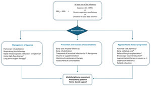 Integrated management algorithm for advanced COPD. Algorithm proposed by the authors for the identification and management of advanced COPD. The figure integrates the main findings and recommendations from the Delphi consensus.7Asterisk (*) indicates measures particularly relevant or specific to patients with advanced COPD.