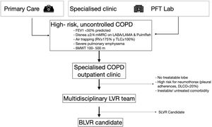 Process for assessing and selecting candidates for BLVR. LVR: lung volume reduction; SLVR: surgical lung volume reduction; FEV1: forced respiratory volume in the 1st second; mMRC: modified Medical Research Council dyspnea scale; LABA: long acting beta-agonist; LAMA: long-acting muscarinic antagonist; PulmReh: pulmonary rehabilitation; RV: residual volume; TLC: total lung capacity; 6MWT: 6-minute walking test; LVR: lung volume reduction; SLVR: surgical lung volume reduction; BLVR: bronchoscopic lung volume reduction.