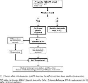 Diagnostic algorithm for alpha-1 antitrypsin deficiency. 1. Evaluation of the patient with AATD and their partner to assess the risk for offspring. 2. Quantification by nephelometry. For other techniques, apply the conversion factor. 3. In centers without access to a genetics laboratory, the Progenika-REDAAT pathway may be used. Abbreviations: COPD: chronic obstructive pulmonary disease; AAT: alpha-1 antitrypsin; REDAAT: Spanish Network for Alpha-1 Antitrypsin Deficiency; CRP: C-reactive protein; AATD: alpha-1 antitrypsin deficiency.