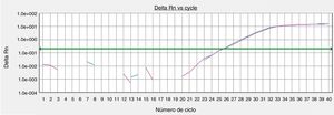 Expressão gênica de culturas organoides (72 horas) de pele retroauricular. Curvas obtidas a partir de amostras amplificadas por PCR em tempo real para o gene endógeno GAPDH, cujos números de ciclo de amplificação dos limiares (Ct) foram calculados.