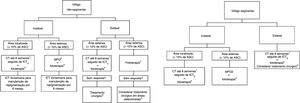 Fluxograma de tratamento. ASC, área de superfície corporal; CT, corticoide tópico; ICT, inibidor de calcineurina tópico (Tactolimus ou Pimecrolimus); MPO, Minipulso de corticoide oral;+‐, associado ou não à. 1 Com acompanhemento clínico para avaliação dos efeitos colaterais locais, especialmente se área genital, facial ou dobras e face. O uso de corticoides de alta e muito alta potência deve ser restrito às demais áreas corporais. Ainda, em áreas sensíveis, o uso de ICT pode ser priorizado para minimizar os efeitos colaterais dos corticoides tópicos. 2 Em crianças e idosos avaliar o risco‐benefício do uso da corticoterapia oral, devido principalmente à relação do seu uso com déficit de crescimento e aumento de risco de fraturas, além de comorbidades que podem ser desencadeadas ou agravadas pelo uso da medicação. 3 Tracolimus (ou Pimecrolimus) 2x ao dia. 4 Preferencialemente RUVB‐FE, Excimer laser ou Excimer luz. Devido aos respondedores lentos, sugere‐se tratamento de no mínimo seis meses (2 a 3 sessões semanais). Em casos localizados, dar preferência a tratamento fototerápico que permita a irradiação restrita à área lesional. A associação com antioxidantes orais, ICT e TC durante o tratamento pode ser considerada. Foi consenso entre os pareceristas que a área genital não deve ser irradiada. 5 Se ausência de fenômeno de Köbner.