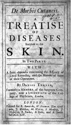 Tratado “De Morbis Cutaneis”, de Daniel Turner (1714). Fonte: De Morbis Cutaneis, Londres, 1714.33