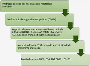 Flowchart para diagnóstico histopatológico da neoplasia de células dendríticas plasmocitoides blásticas.