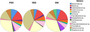 Alfa‐diversidade. Distribuição da proporção dos 13 gêneros mais prevalentes entre os grupos PSO (psoríase), VEG (controles vegetarianos) e ONI (controles onívoros)