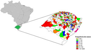Georreferenciamento dos casos notificados de hanseníase no período de 2000 a 2019, segundo o município de residência, no estado do Rio Grande do Sul, Brasil