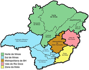 Mesorregiões de Minas Gerais e, em destaque verde e azul, as regiões arbitrariamente demarcadas nesse estudo (elaborado a partir de base geográfica do IBGE)
