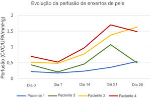 Evolução da perfusão de enxertos de pele de espessura total no couro cabeludo. A perfusão do enxerto de pele no D7 foi inferior à perfusão basal do leito do enxerto em todos os pacientes. Os pacientes 3 e 4 apresentaram maior perfusão basal e atingiram valores de pico no D21 e no D28, respectivamente. O paciente 1, com pior evolução clínica, apresentou curva ascendente até o D28, mas com valores de perfusão persistentemente mais baixos.
