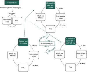 Fluxograma das intervenções propostas, bem como a sequência de etapas realizadas durante o estudo, com a randomização da ordem das intervenções antes do início das atividades para cada participante.