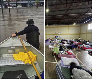 (A) Socorrista nas inundações do Rio Grande do Sul. (B) Interior de um abrigo. Fotografias de Patrick Nascimento e Guilherme Ladwig Tejada, respectivamente.