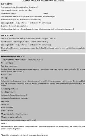 Exemplo de laudo estruturado. Destaca‐se que alguns casos não necessitam de notas e os serviços têm autonomia para adequar a estrutura invertendo a ordem ou fundindo, por exemplo, a microscopia com o diagnóstico.