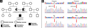 Resultados genéticos. (A) Árvore genealógica da família ilustrando a co‐segregação das variantes do gene SPINK5. (B) Sequenciamento de Sanger do probando mostrando heterozigosidade composta para c.652C>T (p.Arg218*) e c.575A>G (p.Asn192Ser); cada progenitor heterozigoto para uma variante.