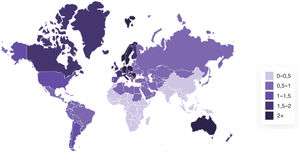 Prevalência global da psoríase – Atlas Global da Psoríase – mapa de calor [Internet]. Manchester: Conselho Internacional de Psoríase; 2025 [citado em 19 de junho de 2025]. Disponível em: https://www.globalpsoriasisatlas.org/en/explore/prevalence‐heatmap.