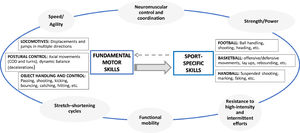 Framework for return to competition following ACL-R in team sports. The framework proposes an integrated and flexible RTC approach that combines the work of skills (fundamental and sport-specific) with physical capabilities (Strength/power, speed/agility, neuromuscular control and coordination, stretch-shortening cycles, functional mobility and resistance to fatigue). In addition, it also integrates the cognitive, perceptual and emotional structures (systems), performance characteristics in team sports. (RTC: return to competition; ACL-R: anterior cruciate ligament reconstruction; COD: change of direction).