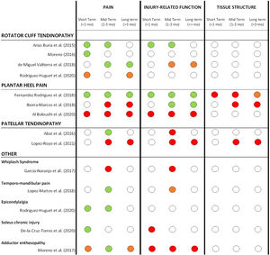 Summary of short, mid and long-term effects of PNE on pain, injury-related function and tissue structure for all comparative studies (grouped by pathology types). Color code: GREEN= significant positive effect of PNE compared to other treatment modalities or control groups. ORANGE= limited or unclear positive effect of PNE (not in all reported measures or non-clinically relevant). RED: no superior effect of PNE compared to other treatment modalities or control groups. WHITE: not reported.