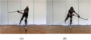 Backhand shot (SL) technique, initial (A) and final (B).