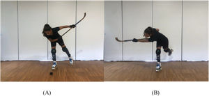 Slap shot (SL) technique, initial (A) and final (B). Slap shot (SL) technique, initial (A) and final (B).