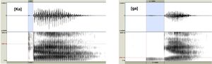 VOT en francés para una consonante sorda [ka] y otra sonora [ga] (El VOT aparece indicado en azul).