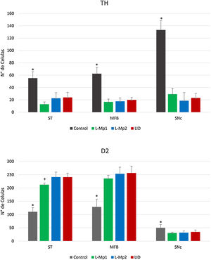 Comparación del número de células marcadas con tirosina hidroxilasa (TH) y receptores D2, en los grupos Control, L-Mp1, L-Mp2 y LID en el Estriado, haz medial del cerebro anterior y sustancia nigra pars compacta. (ANOVA p < 0,05). *Diferencia significativa presente con el grupo control. +Diferencia significativa con el grupo L-Mp1). Las columnas y símbolos representan la media ± SD.