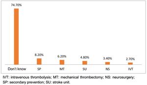 Treatments for ischaemic stroke available in Colombia, according to 146 survey responses from members of a school community in Bogota, Colombia (2017). IVT: intravenous thrombolysis; MT: mechanical thrombectomy; NS: neurosurgery; SP: secondary prevention; SU: stroke unit.