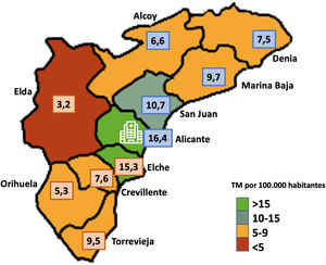 Rate of endovascular treatment per 100 000 person-years by health district of origin. The hospital symbol indicates the approximate location of the HGUB. The numbers in blue squares correspond to northern HDs and in orange squares to southern HDs. (For interpretation of the references to colour in this figure legend, the reader is referred to the web version of this article.)