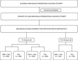 Outline of study design. Note. RCT: Randomized controlled trial; TAU: Treatment as usual; TBM: Telephone-based management; iFD-S: iFightDepression-Survive; SAM: Self Awareness of Mental Health.