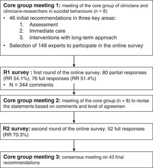 Delphi panel generation and data collection. Study methodology, including sample and data collection. Expert panel was selected from the members of the European Psychiatry Association Suicidology Section and complimented with clinicians that are prominent in suicidology research from around the Europe. After the initial statement draft, the first round of online survey (R1) was carried out, and it included text boxes for panellists to provide comments and suggest edits. Then, the core group met again to discuss the statements, comments, and draft the final recommendations that were sent for the second round of online survey (R2). In this round, the panel could comment, but the statements were no longer modified given the substantial level of agreement reached by this stage. The final core group meeting evaluated the final set of recommendations and provided feedback for recommendations. RR: response rate.