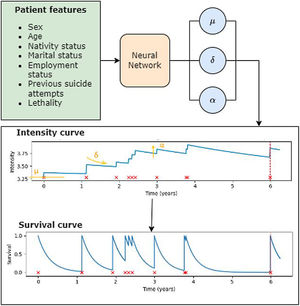Schematic representation of the process. The input features of each patient are fed into the trained neural network. The network outputs the parameters for that patient that characterize the patient