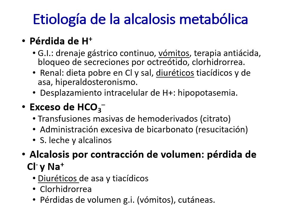 Entre las causa de alcalosis metabólica se distinguen tres mecanismos.
Pérdida de H+

G.I.: drenaje gástrico continuo, vómitos, terapia antiácida, bloqueo de secreciones por octreótido, clorhidrorrea.
Renal: dieta pobre en Cl y sal, diuréticos tiacídicos y de asa, hiperaldosteronismo.
Desplazamiento intracelular de H+: hipopotasemia.

 Exceso de HCO3¿

Transfusiones masivas de hemoderivados (citrato)
 Administración excesiva de bicarbonato (resucitación)
 S. leche y alcalinos

 Alcalosis por contracción de volumen: pérdida de Cl- y Na+