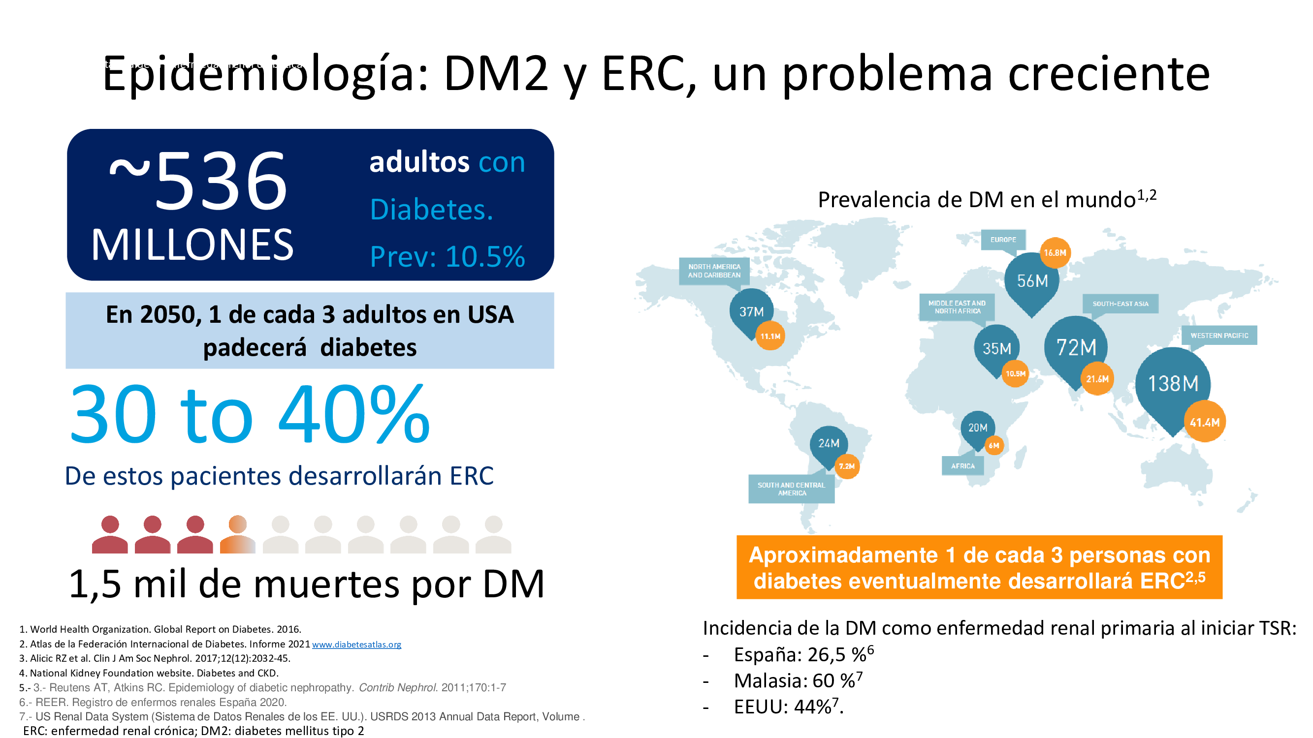La enfermedad renal crónica (ERC) es una de las complicaciones más frecuentes de la diabetes mellitus tipo 2 (DMT2). En un estudio realizado en el ámbito de la atención primaria en España se observó una prevalencia del 27,9% para el conjunto de todos los estadios de la ERC (1).
En el informe de la Federacion Internacional de Diabetes se muestra que en el 2021 hay 536 millones de adultos con diabetes y entre el 30-40 % de los DM2 desarrollaran añgun grado de nefropatía a lo largo de su vida
Por otra parte la enfermedad renal crónica se asocia a elevada mortalidad cardiovascular. DM2 y ERC suponen una muy elevada mortalidad cardiovascular. 
Por ello es importante la prevención no solo de la progresión de la nefropatía sino la prevención de la mortalidad cardiovascular.
Datos de la Federacion internacional de diabetes muestran que la prevalencia de DM en el mundo es muy elevada y que uo de cada 3 pacientes desarrollará algun grado de afectación renal.
Los datos del mismo registro indican que en los países del Sudeste asiático la incidencia de DM como enfermedad renal primaria en los registro s de inicio de terapia sustitutiva renal (TSR) es del 60 % (en Malasia). En EEU es del 40 % y en España el registro re enfermos renales de la ONT ha mostrado que los datos de 2020 la incidencia de DM como enfermedad renal primaria en pacientes que inicrn TSR es del 26,5%
Ademas un aspecto muy relevante es que la DM y especialmente la nefropatía diabetcia se asocia aun mayor riesgo de mortalidad, habiéndose producido mas de 1,5 millones de muertes por la DM y se prevé que en el 2040 serán 3,7 millones de muertes.
1.- A. Rodriguez-Poncelas, J. Garre-Olmo, J. Franch-Nadal, et al., Prevalence of chronic kidney disease in patients with type 2 diabetes in Spain: PERCEDIME2 study, BMC Nephrol. 14 (2013) 46. 